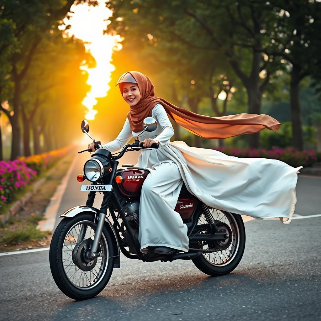 A serene and captivating scene featuring a young woman wearing a hijab and a stylish helmet, riding gracefully on a vintage Honda motorcycle
