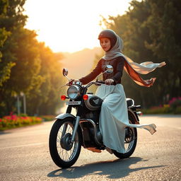A serene and captivating scene featuring a young woman wearing a hijab and a stylish helmet, riding gracefully on a vintage Honda motorcycle