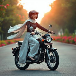 A serene and captivating scene featuring a young woman wearing a hijab and a stylish helmet, riding gracefully on a vintage Honda motorcycle