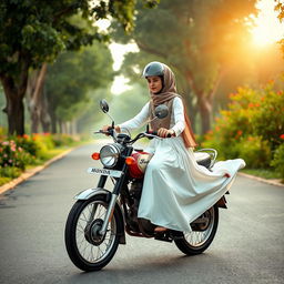A serene and captivating scene featuring a young woman wearing a hijab and a stylish helmet, riding gracefully on a vintage Honda motorcycle