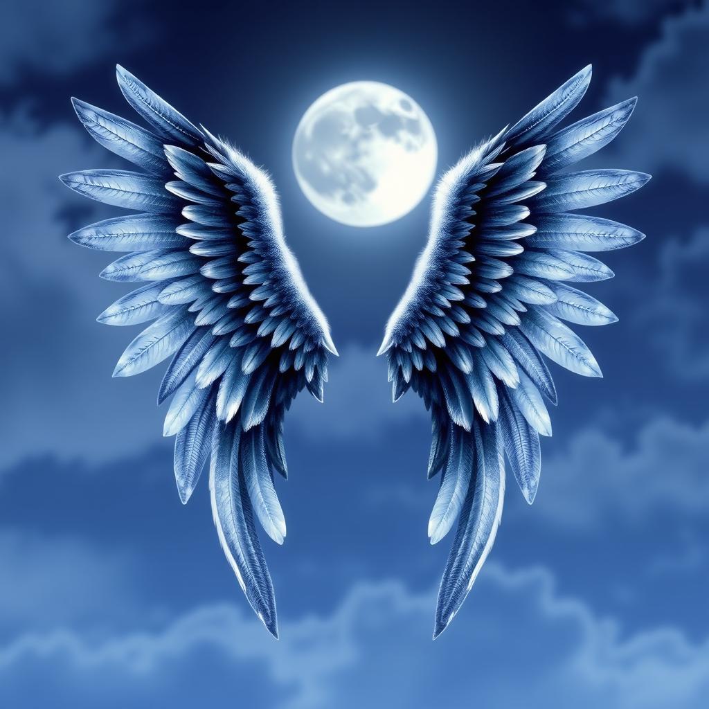 A pair of angel wings featuring a shadow moonlight theme, designed with intricate details