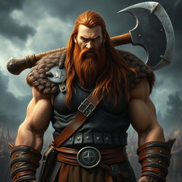 A big human man warrior with long chestnut brown hair cascading down his shoulders, wearing rugged leather armor that highlights his broad shoulders