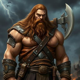 A big human man warrior with long chestnut brown hair cascading down his shoulders, wearing rugged leather armor that highlights his broad shoulders