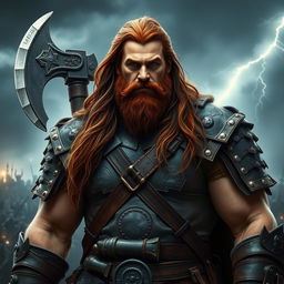 A big human man warrior with long chestnut brown hair cascading down his shoulders, wearing rugged leather armor that highlights his broad shoulders