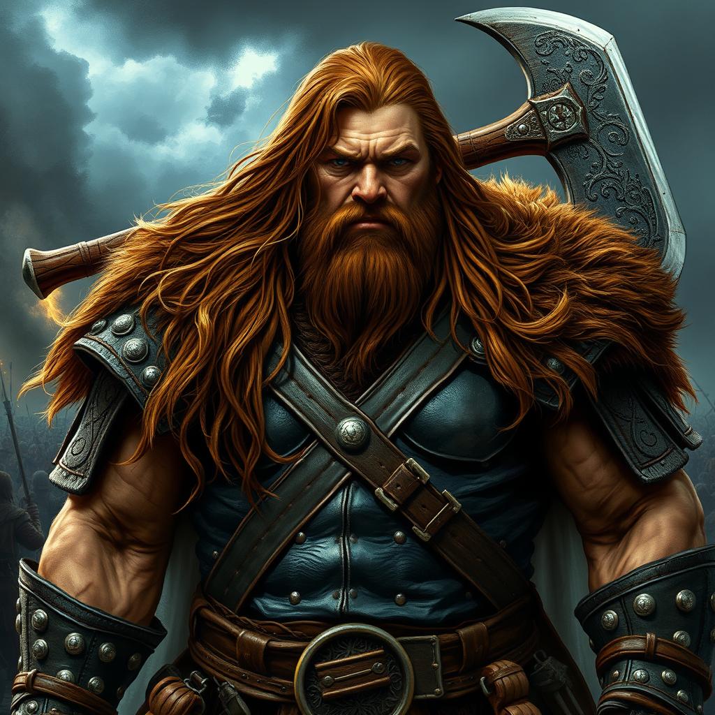 A big human man warrior with long chestnut brown hair cascading down his shoulders, wearing rugged leather armor that highlights his broad shoulders