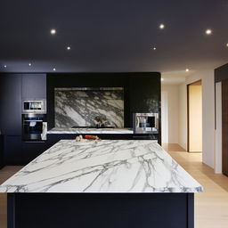 Modern, luxurious, handleless black kitchen with a large island centerpiece adorned with white Calacatta marble