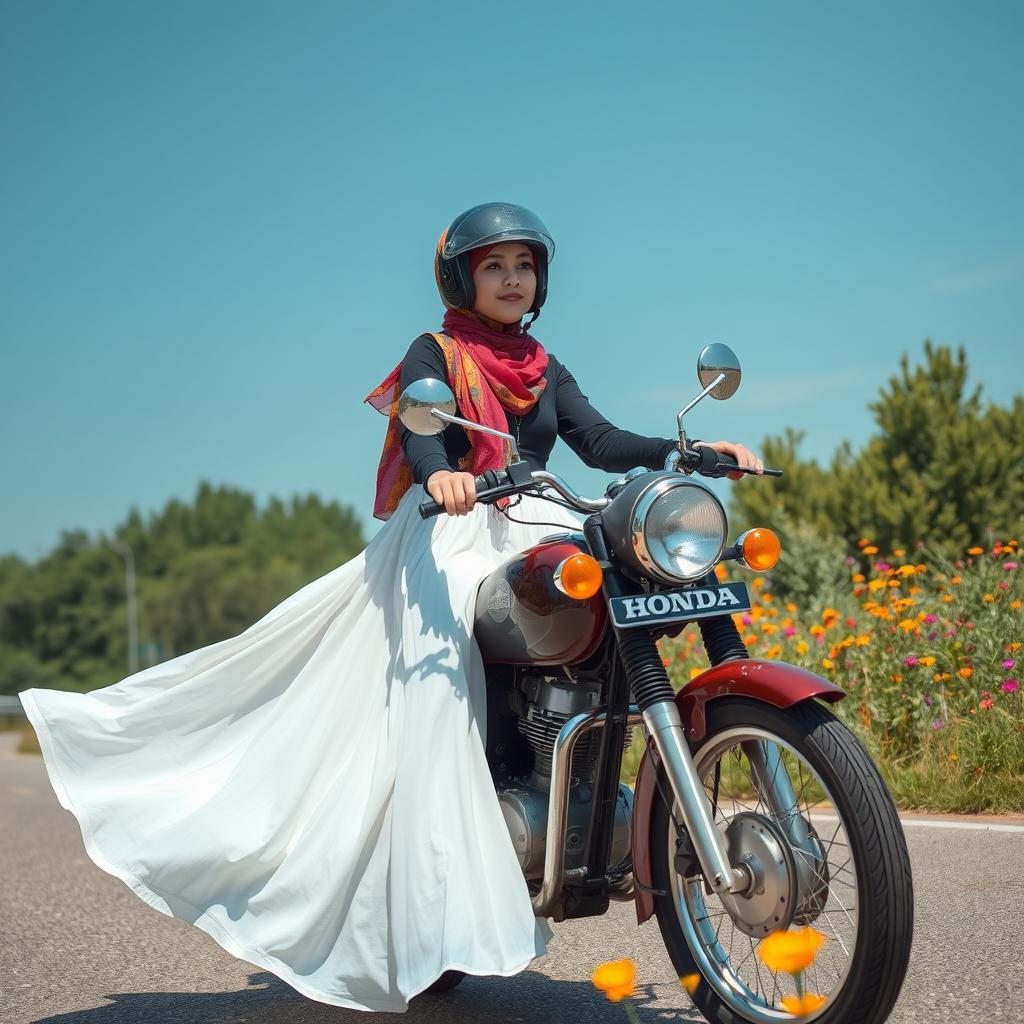 A captivating scene featuring a young woman wearing a colorful hijab and a stylish helmet, gracefully riding an old Honda motorcycle