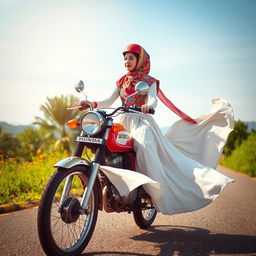 A captivating scene featuring a young woman wearing a colorful hijab and a stylish helmet, gracefully riding an old Honda motorcycle