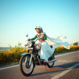 A captivating scene featuring a young woman wearing a colorful hijab and a stylish helmet, gracefully riding an old Honda motorcycle