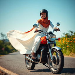 A captivating scene featuring a young woman wearing a colorful hijab and a stylish helmet, gracefully riding an old Honda motorcycle