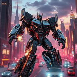 An intricate science fiction scene featuring a transforming robot, known as a shifter, in a futuristic cityscape