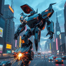 An intricate science fiction scene featuring a transforming robot, known as a shifter, in a futuristic cityscape