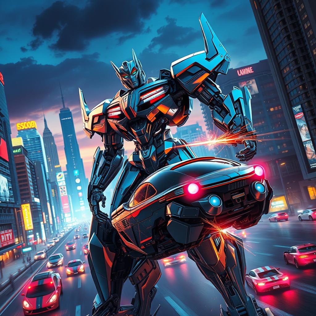 An intricate science fiction scene featuring a transforming robot, known as a shifter, in a futuristic cityscape
