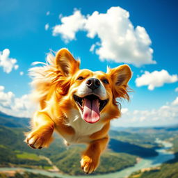 A joyful dog soaring through the vibrant blue sky with fluffy white clouds, its fur flapping in the wind, radiating pure happiness