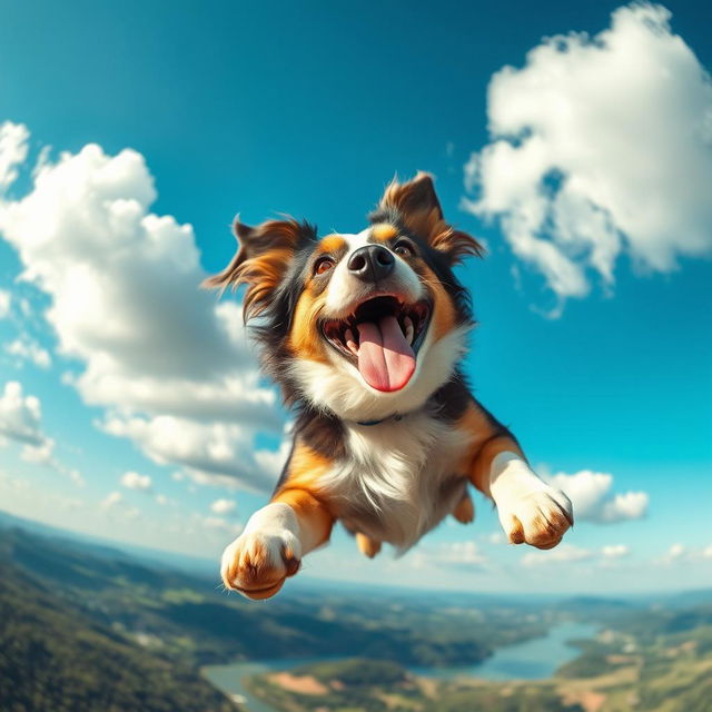 A joyful dog soaring through the vibrant blue sky with fluffy white clouds, its fur flapping in the wind, radiating pure happiness