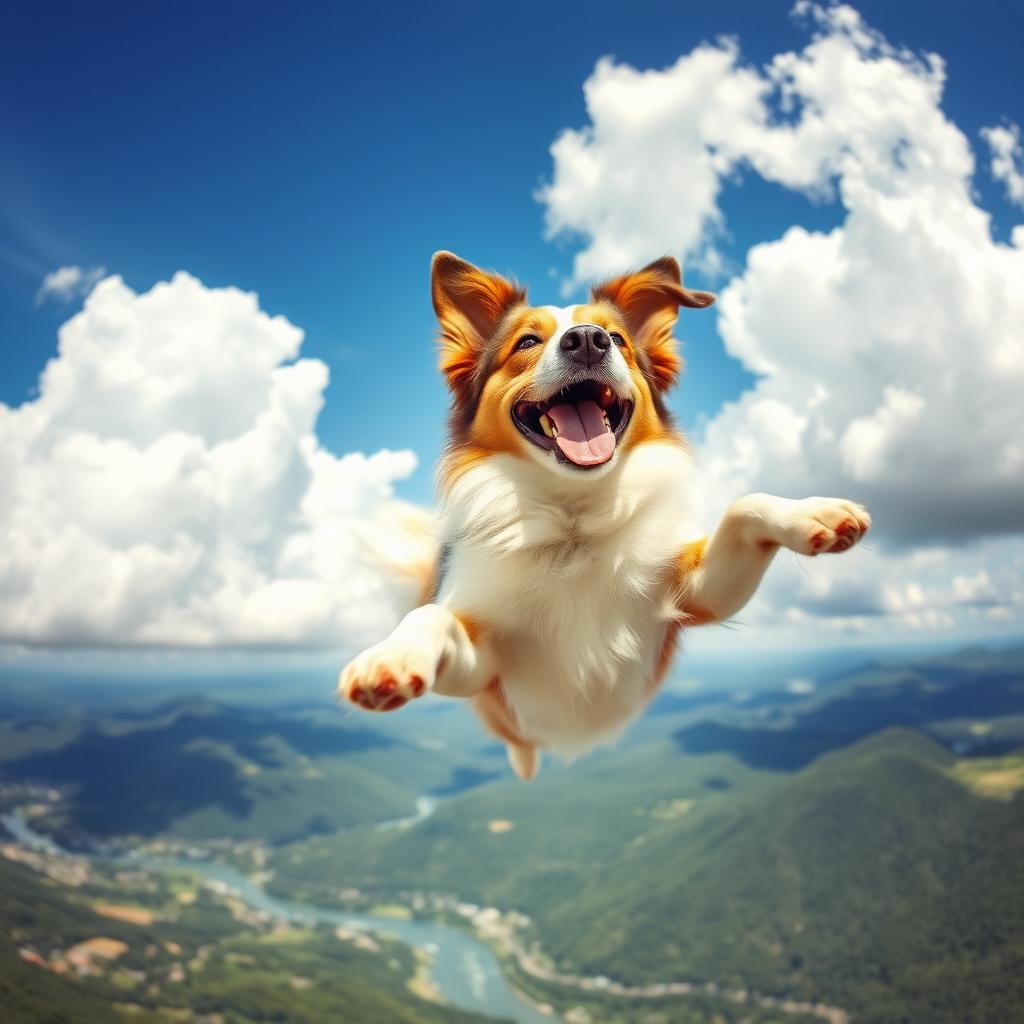 A joyful dog soaring through the vibrant blue sky with fluffy white clouds, its fur flapping in the wind, radiating pure happiness
