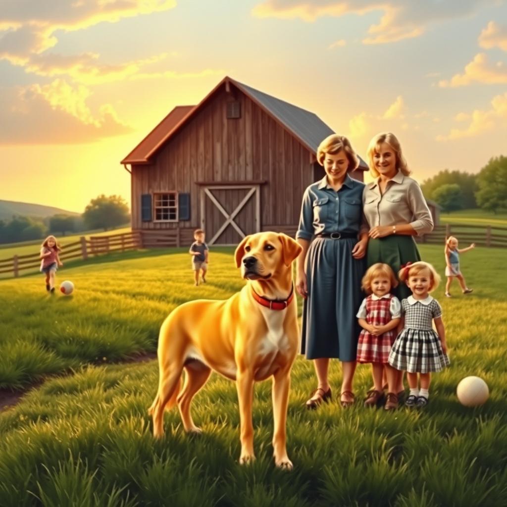 A nostalgic scene depicting a classic 1950s American family on their charming farm with lush green fields and a rustic barn in the background