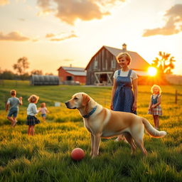 A nostalgic scene depicting a classic 1950s American family on their charming farm with lush green fields and a rustic barn in the background