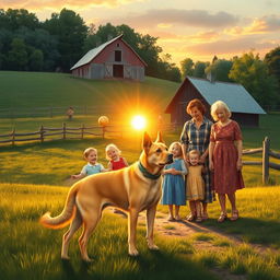 A nostalgic scene depicting a classic 1950s American family on their charming farm with lush green fields and a rustic barn in the background