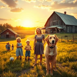 A nostalgic scene depicting a classic 1950s American family on their charming farm with lush green fields and a rustic barn in the background