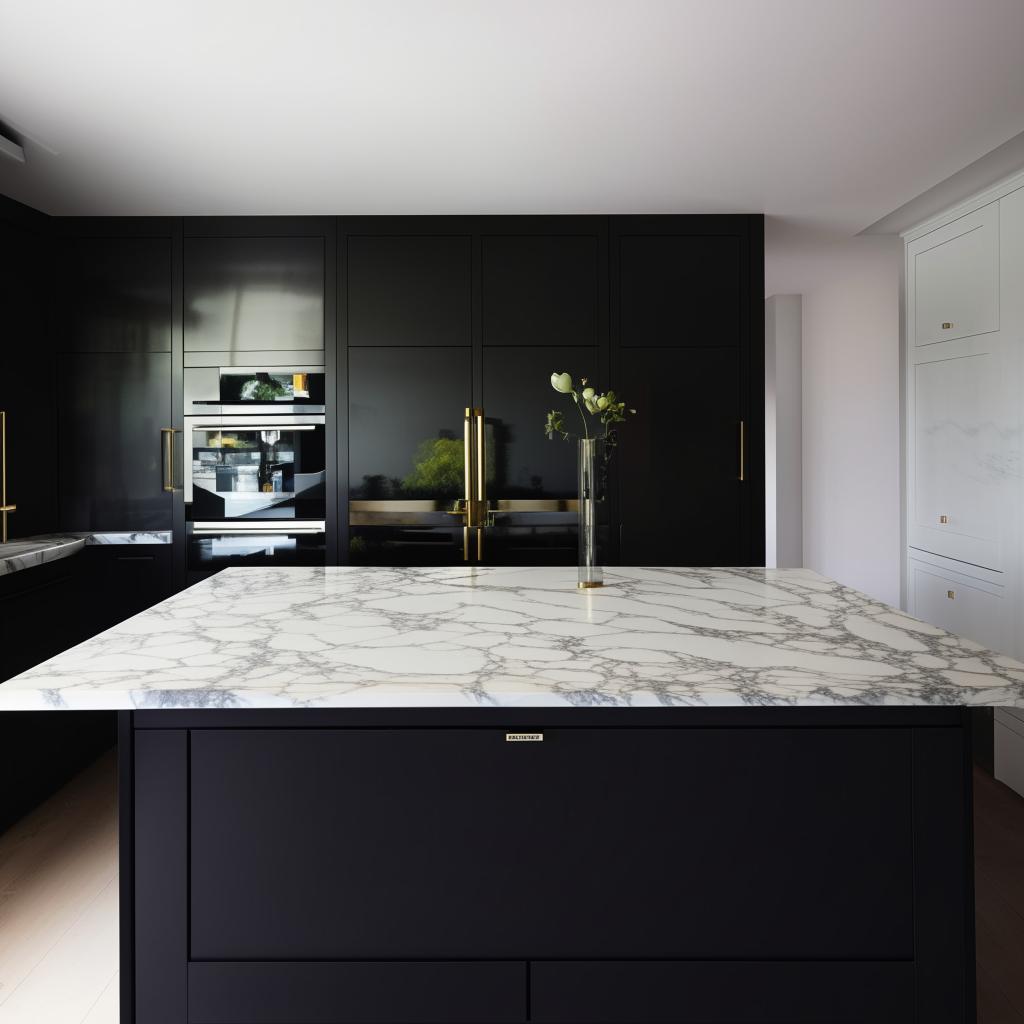 Modern, luxurious, handleless black kitchen with a large island centerpiece adorned with white Calacatta marble