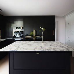 Modern, luxurious, handleless black kitchen with a large island centerpiece adorned with white Calacatta marble