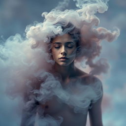 A surreal photo montage featuring a human figure enveloped in a swirling cloud of smoke, with intricate details showcasing the texture of the smoke and the contours of the person's body