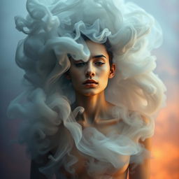 A surreal photo montage featuring a human figure enveloped in a swirling cloud of smoke, with intricate details showcasing the texture of the smoke and the contours of the person's body