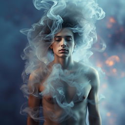 A surreal photo montage featuring a human figure enveloped in a swirling cloud of smoke, with intricate details showcasing the texture of the smoke and the contours of the person's body