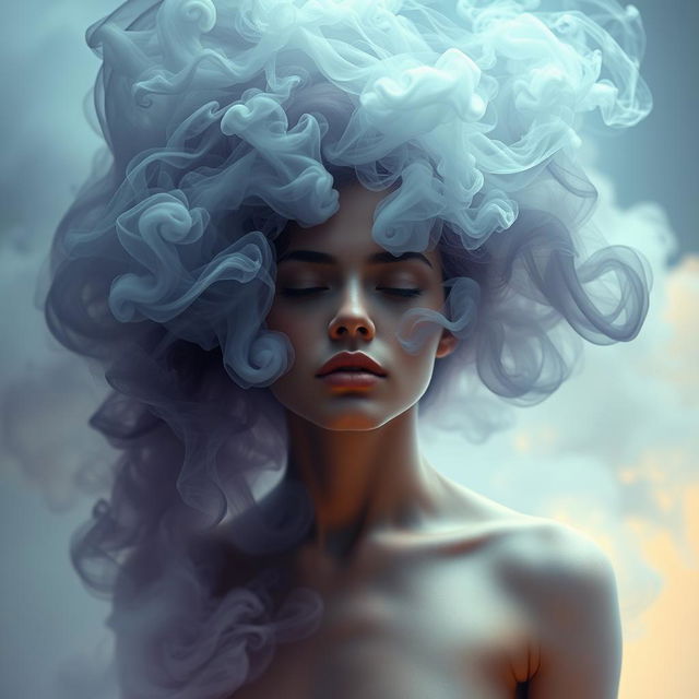A surreal photo montage featuring a human figure enveloped in a swirling cloud of smoke, with intricate details showcasing the texture of the smoke and the contours of the person's body