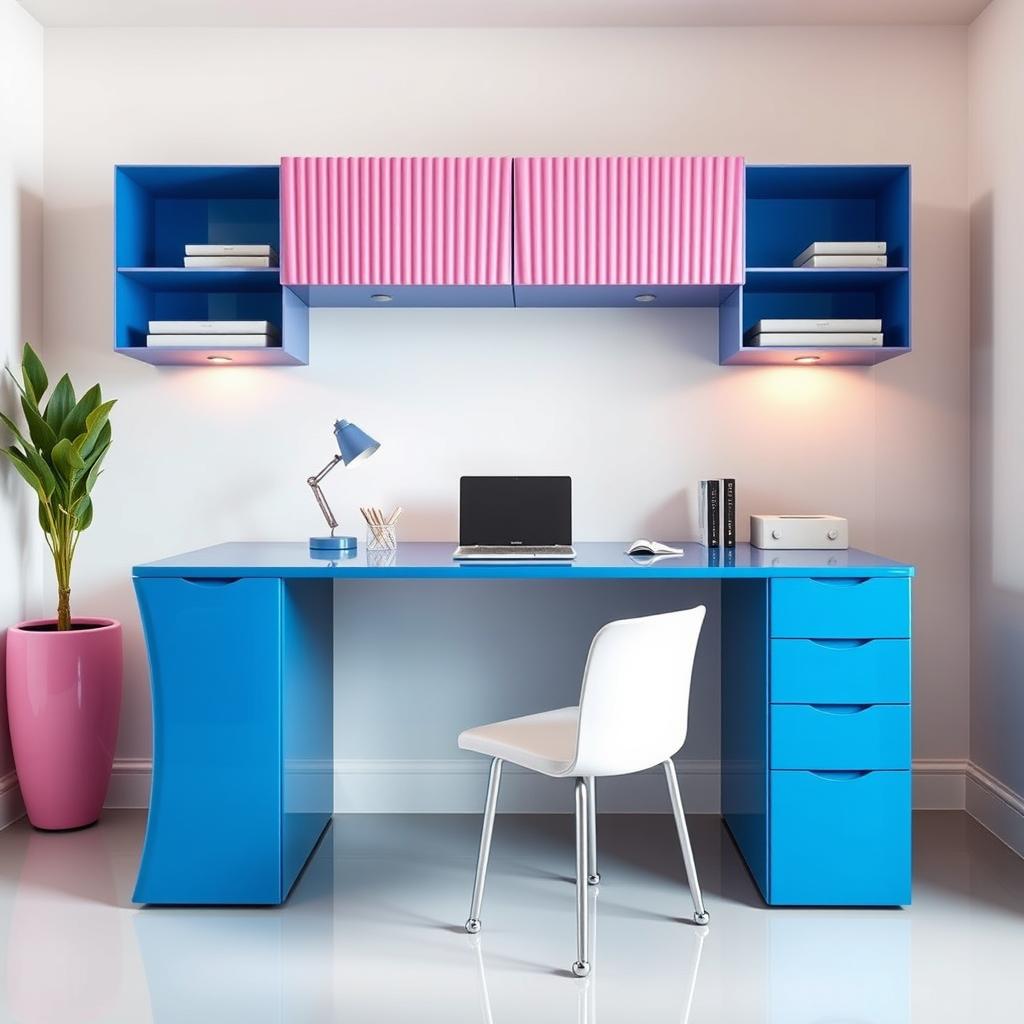 A modern study room featuring a blue glossy study table with a sleek design, accompanied by pink fluted overhead cabinets
