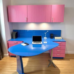 A modern study room featuring a blue glossy study table with a sleek design, accompanied by pink fluted overhead cabinets