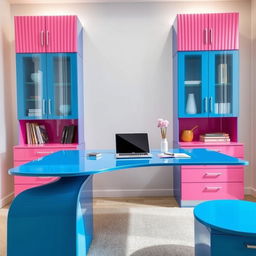 A modern study room featuring a blue glossy study table with a sleek design, accompanied by pink fluted overhead cabinets