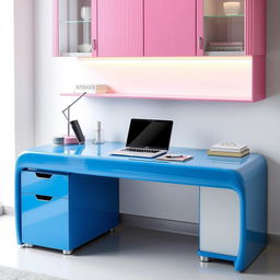 A modern study room featuring a blue glossy study table with a sleek design, accompanied by pink fluted overhead cabinets