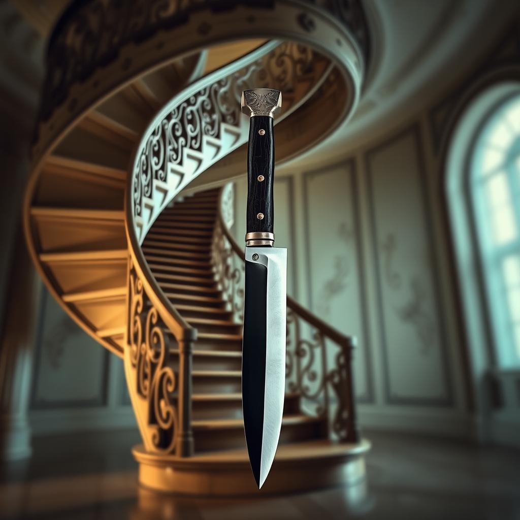 A photomontage featuring a dramatic and artistic representation of a staircase and a knife