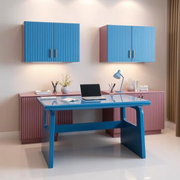 A modern study room featuring a blue glossy study table with a sleek design, complemented by mauve fluted overhead cabinets