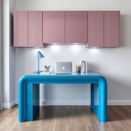 A modern study room featuring a blue glossy study table with a sleek design, complemented by mauve fluted overhead cabinets