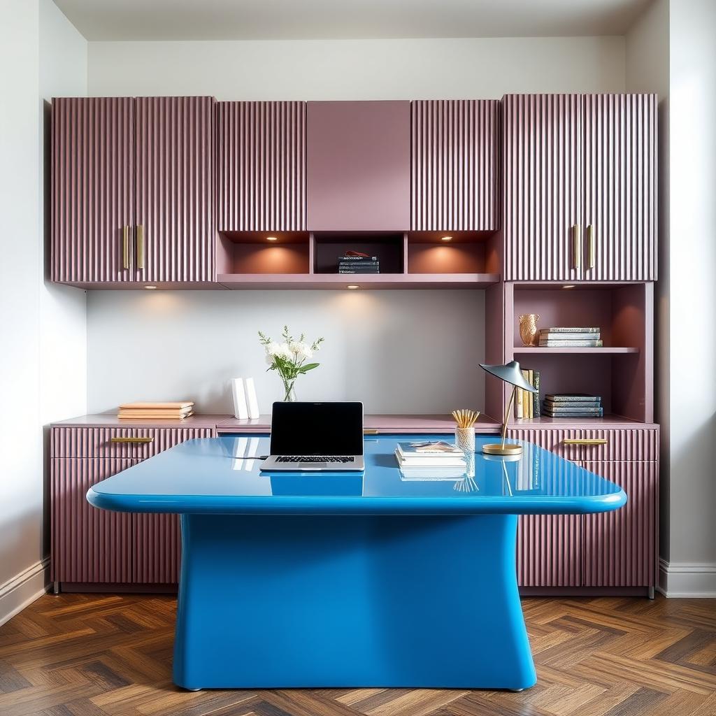 A modern study room featuring a blue glossy study table with a sleek design, complemented by mauve fluted overhead cabinets