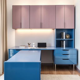 A modern study room featuring a blue glossy study table with a sleek design, complemented by mauve fluted overhead cabinets