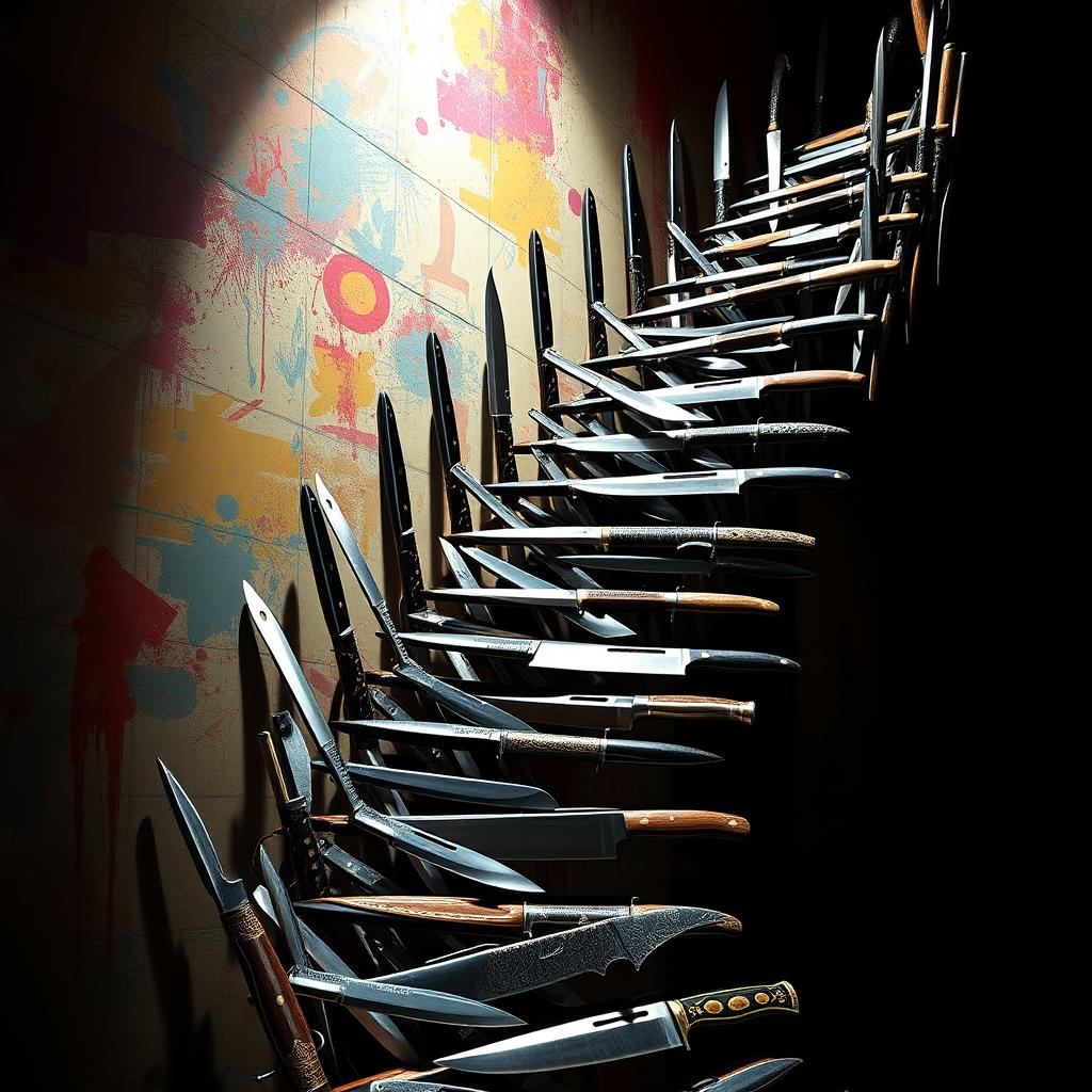 A surreal and striking photomontage of a staircase made entirely of knives, showcasing each step intricately crafted from various types of knives, including kitchen knives, hunting knives, and ornate knives