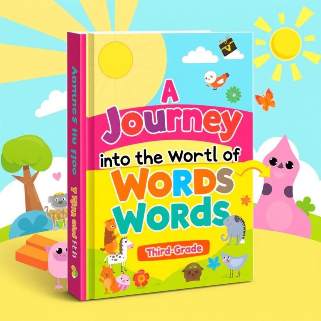 A colorful and engaging book cover design for a children's educational book titled 'A Journey into the World of Words' aimed at third-grade students