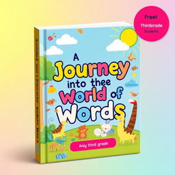 A colorful and engaging book cover design for a children's educational book titled 'A Journey into the World of Words' aimed at third-grade students