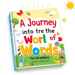 A colorful and engaging book cover design for a children's educational book titled 'A Journey into the World of Words' aimed at third-grade students
