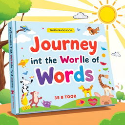 A colorful and engaging book cover design for a children's educational book titled 'A Journey into the World of Words' aimed at third-grade students