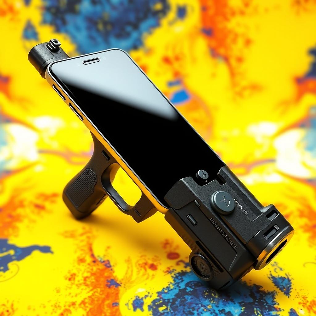 A unique and creative photomontage of a smartphone cleverly designed to resemble a gun