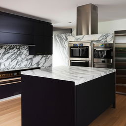 Modern, luxurious, handleless black kitchen with a large island centerpiece adorned with white Calacatta marble