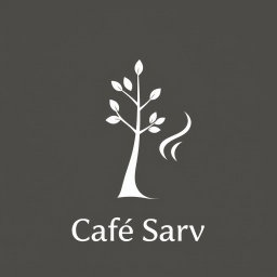 A clean and minimalist logo for 'Café Sarv' featuring a stylized Persian cypress tree (Sarv) and a coffee cup