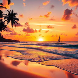 A vibrant and enchanting background featuring a sunset over a serene beach, the sky painted in hues of orange, pink, and purple, with gentle waves lapping at the shore