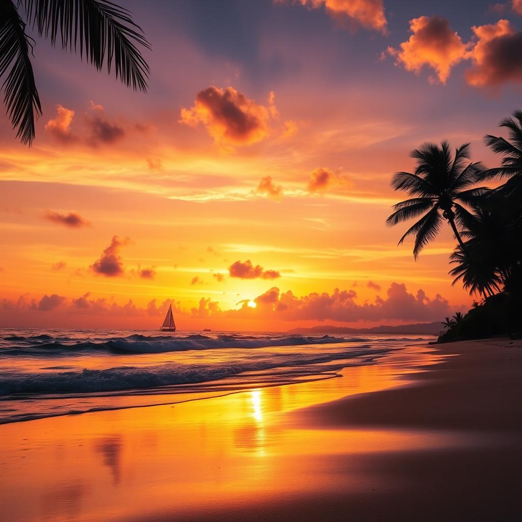 A vibrant and enchanting background featuring a sunset over a serene beach, the sky painted in hues of orange, pink, and purple, with gentle waves lapping at the shore