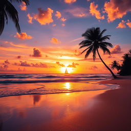 A vibrant and enchanting background featuring a sunset over a serene beach, the sky painted in hues of orange, pink, and purple, with gentle waves lapping at the shore